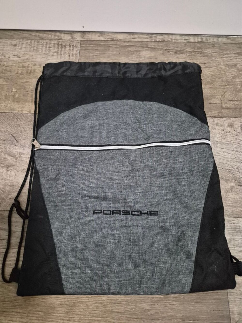 Porsche Drawstring Backpack Zippered Pocket Gray Black Lightweight